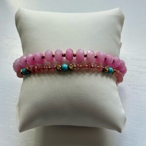 Chan Luu Strawberry Quartz Turquoise and Gold Beaded Bracelet Pink Blue